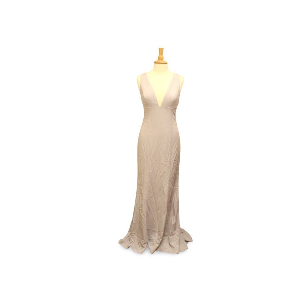 Sleek Deep V Fit & Flare Dove Gray Crepe Evening Gown Amsale